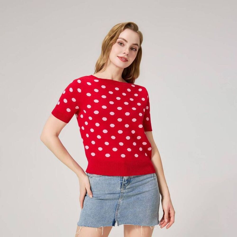 Women's Short Sleeve Crewneck Jacquard Sweater - Wild Fable Red Polka Dots S